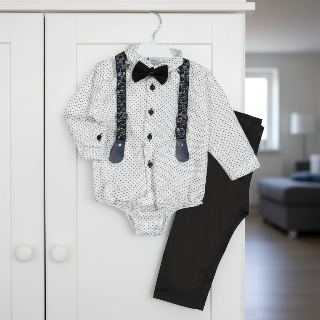 Baby Boys 4-Piece Outfit- Shirt with Suspenders, Pant & Bow Tie