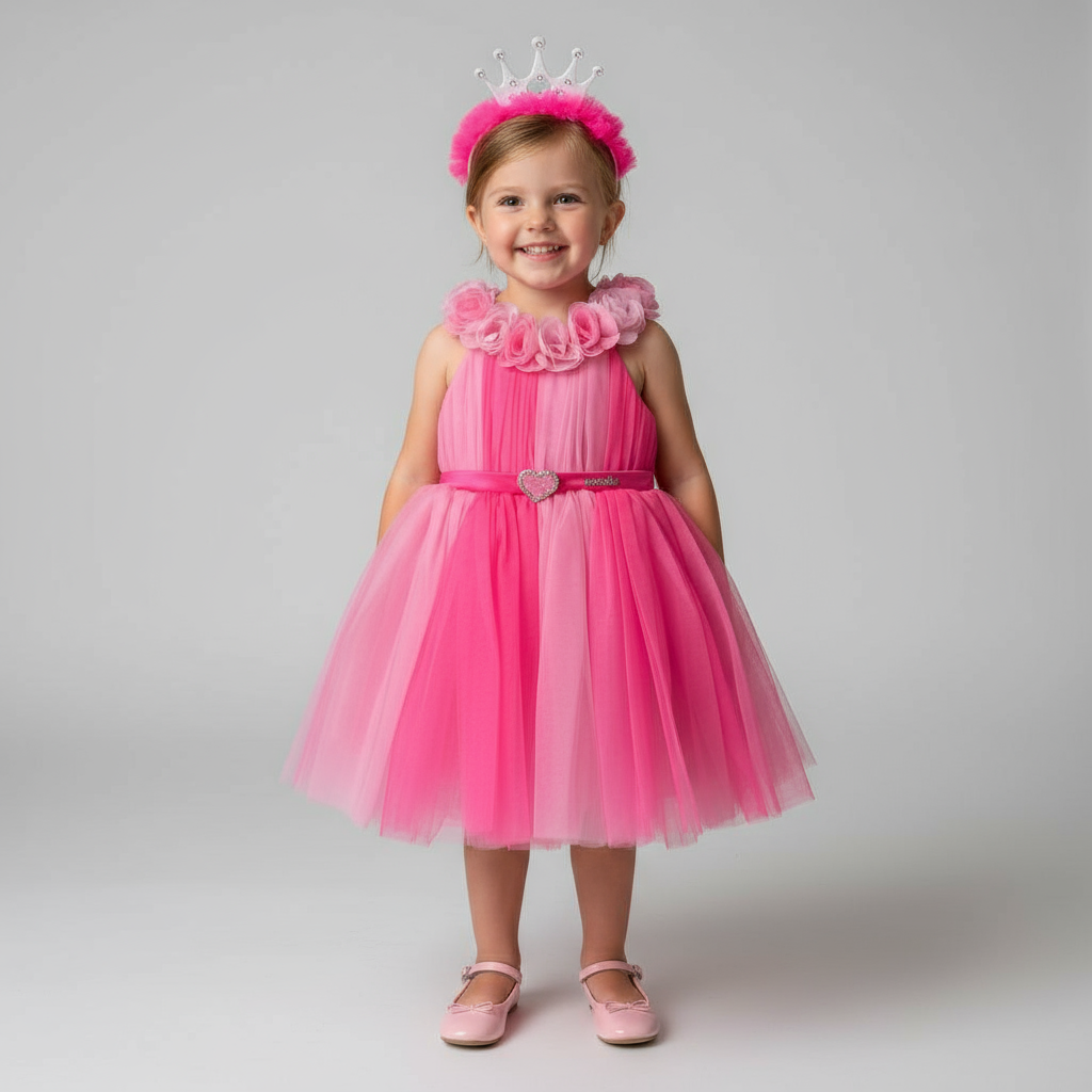 Pink Princess Party Dress Set โ Flower Tulle Dress with Heart Belt & Crown Headband
