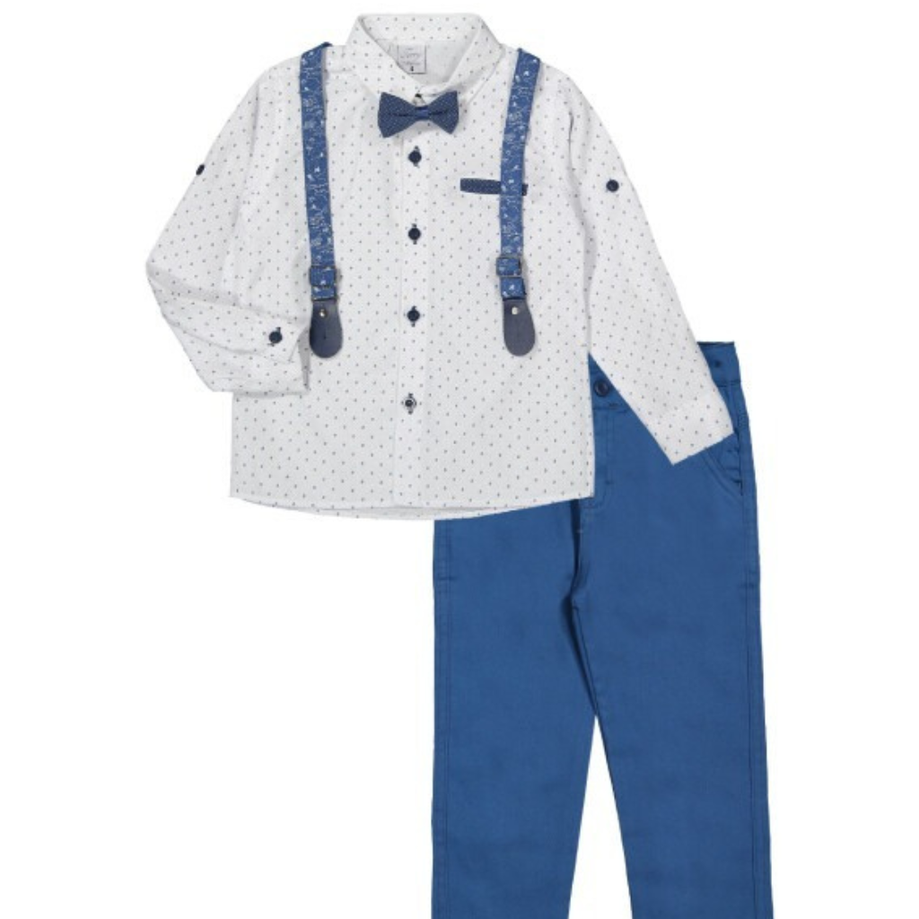 Boys 4-Piece Suspender Outfit – White Dot Shirt, Royal Blue Pants, Matching Bow Tie & Suspenders