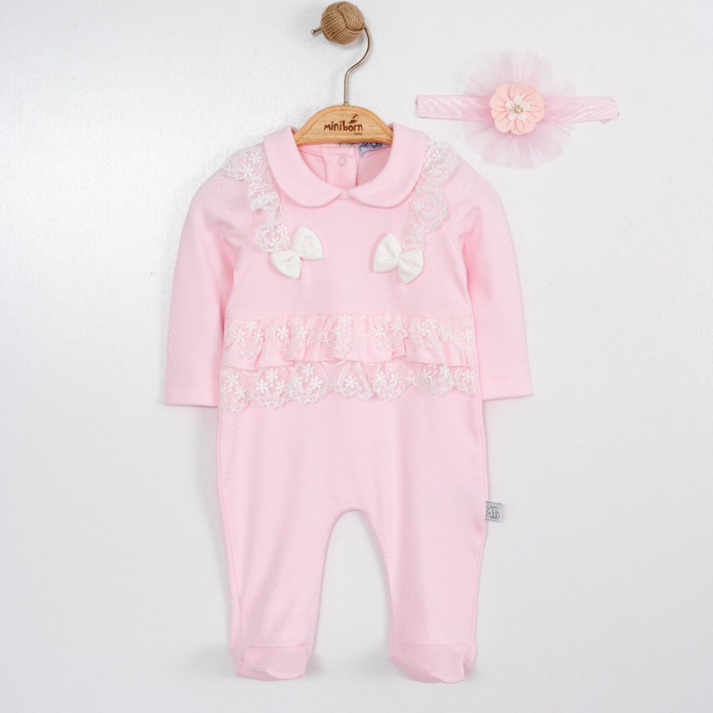 Baby Girl Lace Romper Set with Matching Headband – Soft Cotton Newborn Outfit