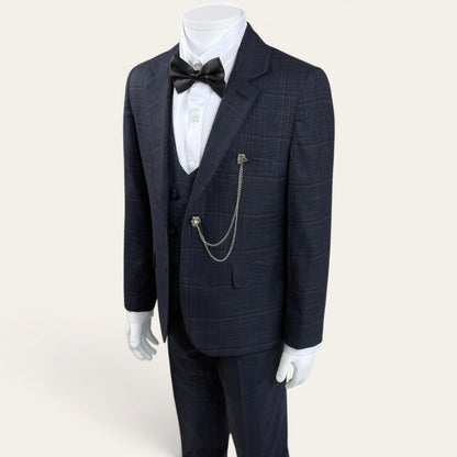 Boys Dark Navy Check 6-Piece Suit