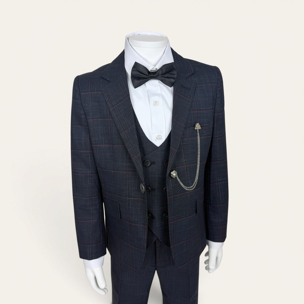 Boys Dark Navy Check 6-Piece Suit