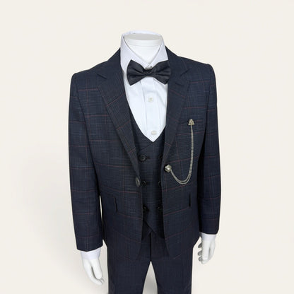 Boys Dark Navy Check 6-Piece Suit
