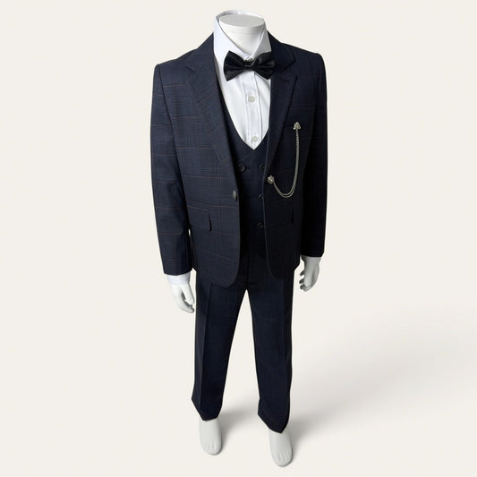 Boys Dark Navy Check 6-Piece Suit