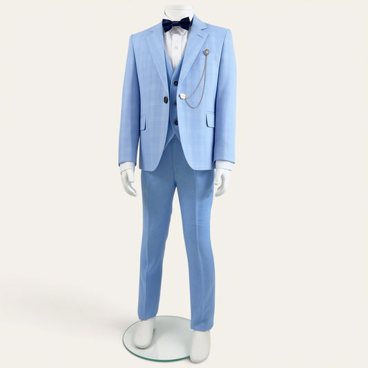 Boys Sky Blue Check 6-Piece Suit