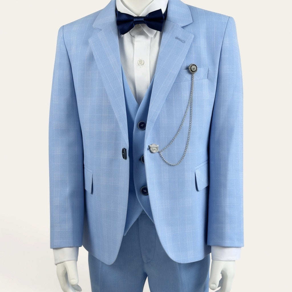 Boys Sky Blue Check 6-Piece Suit