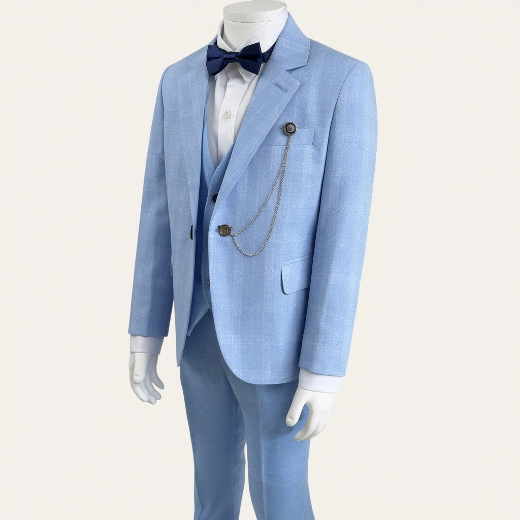 Boys Sky Blue Check 6-Piece Suit