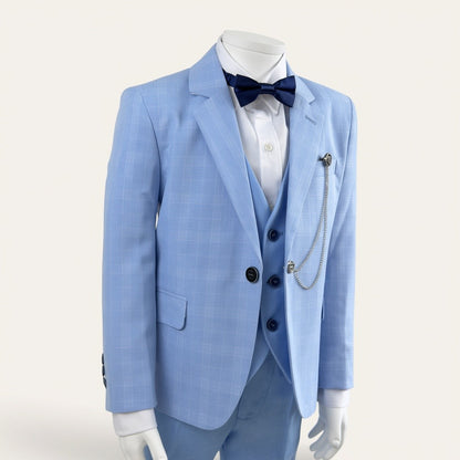 Boys Sky Blue Check 6-Piece Suit