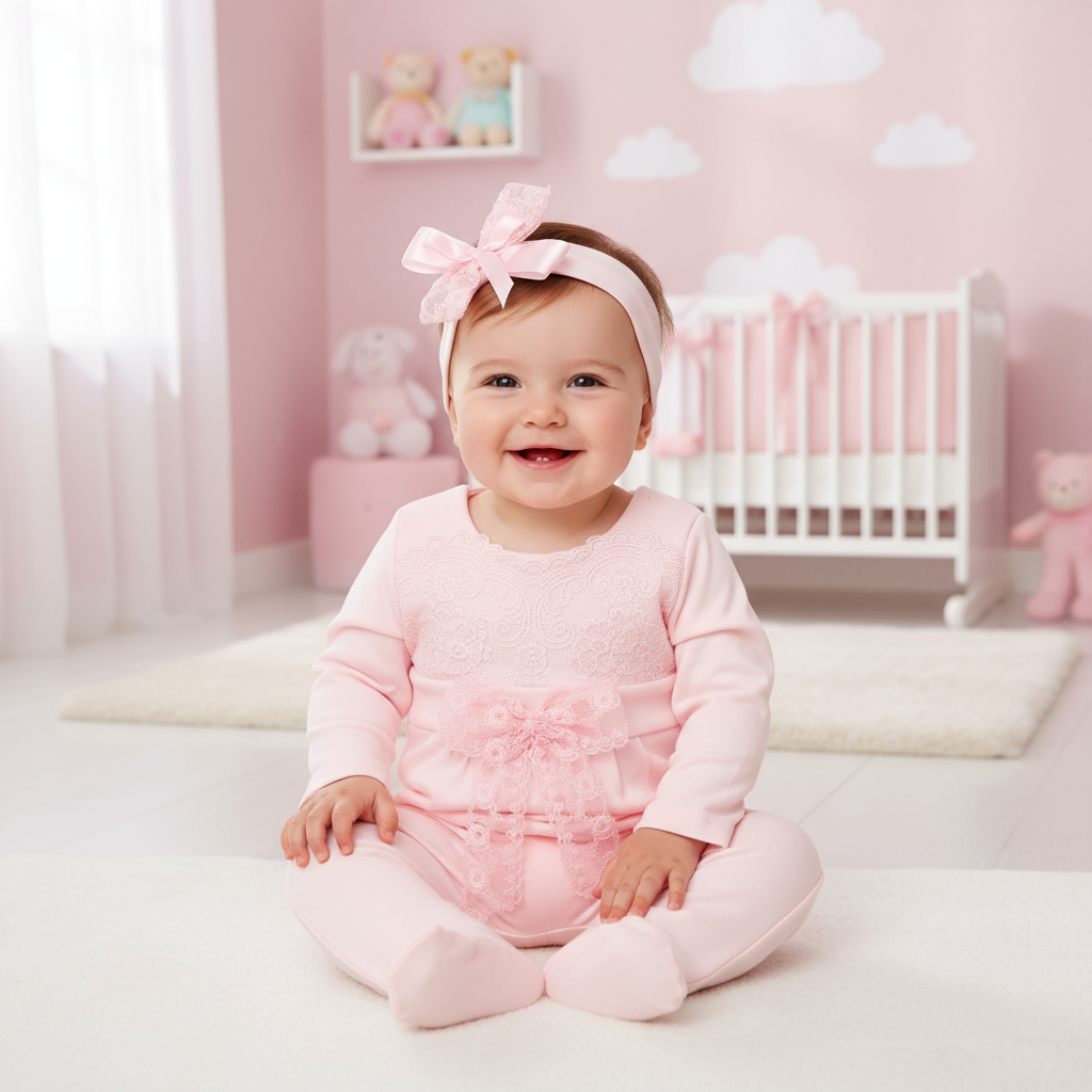 Lace Bow Baby Romper with Matching Headband