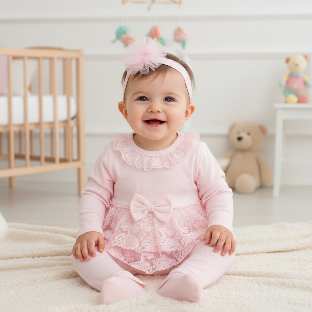 Lace Ruffle Baby Outfit Set with Headband