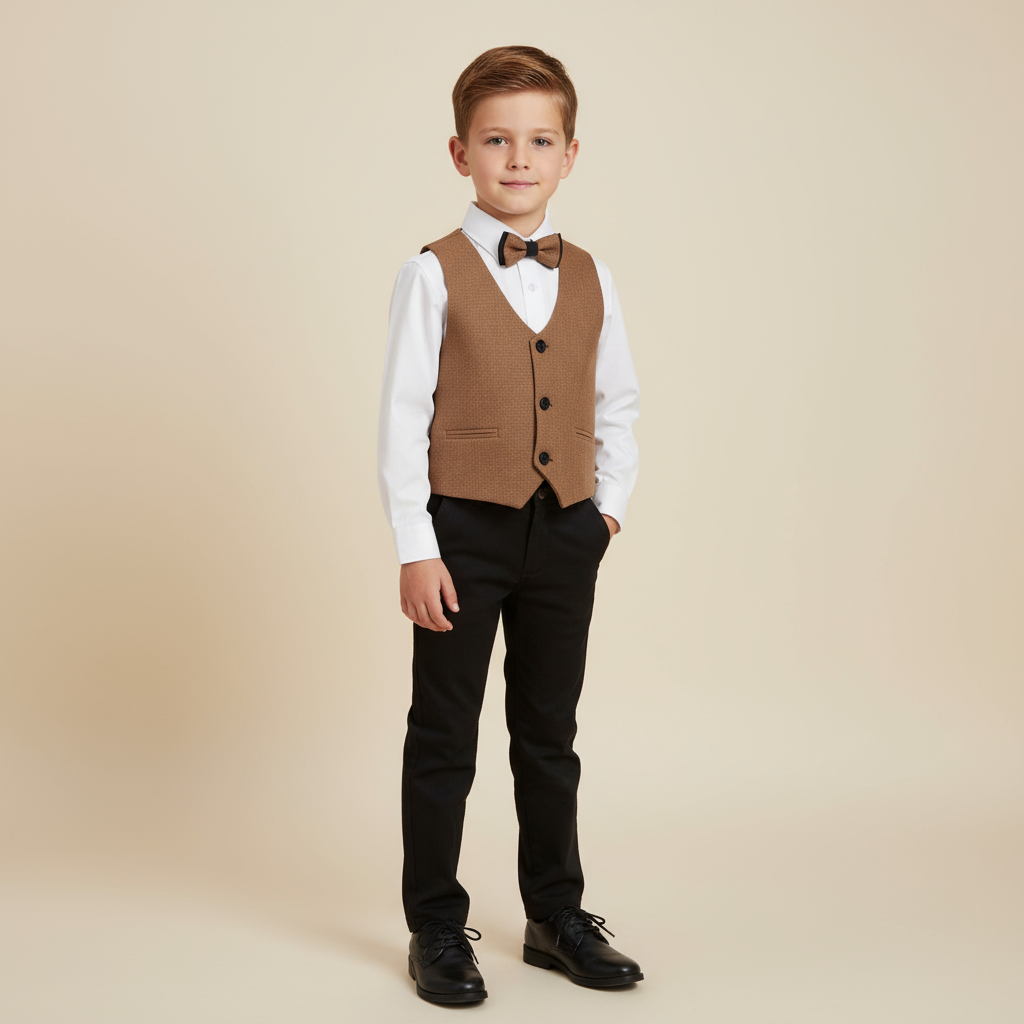 🤎 Boys Brown Vest & Bow Tie 4-Piece Formal Set – 50% OFF 🤎