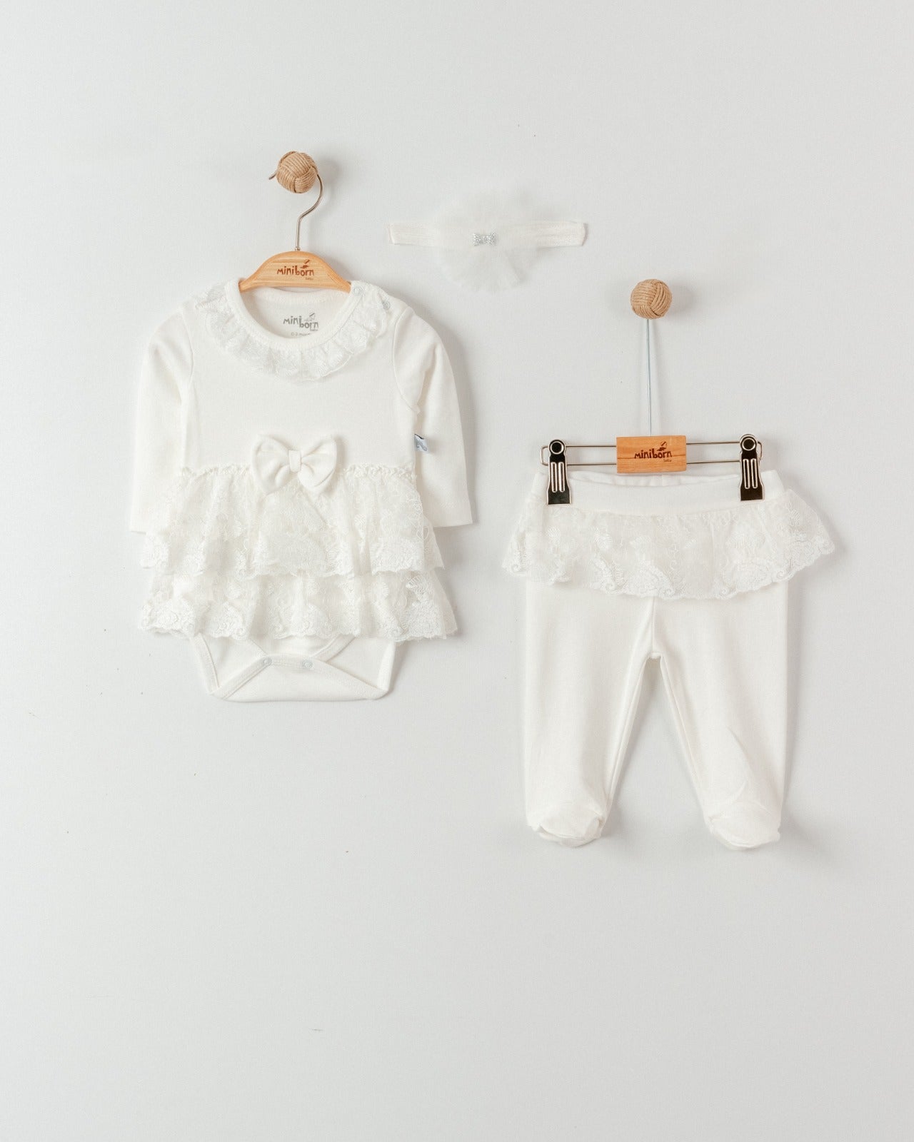 Lace Ruffle Baby Outfit Set with Headband