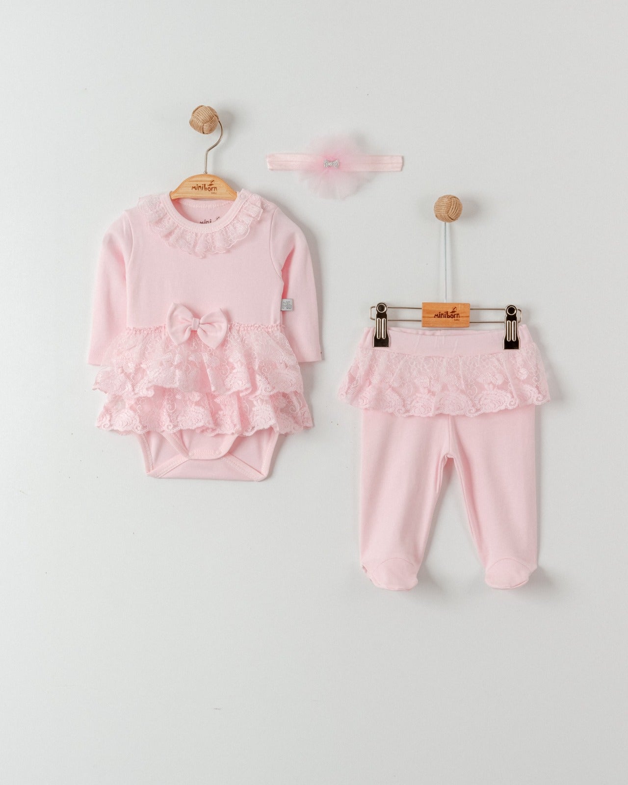 Lace Ruffle Baby Outfit Set with Headband