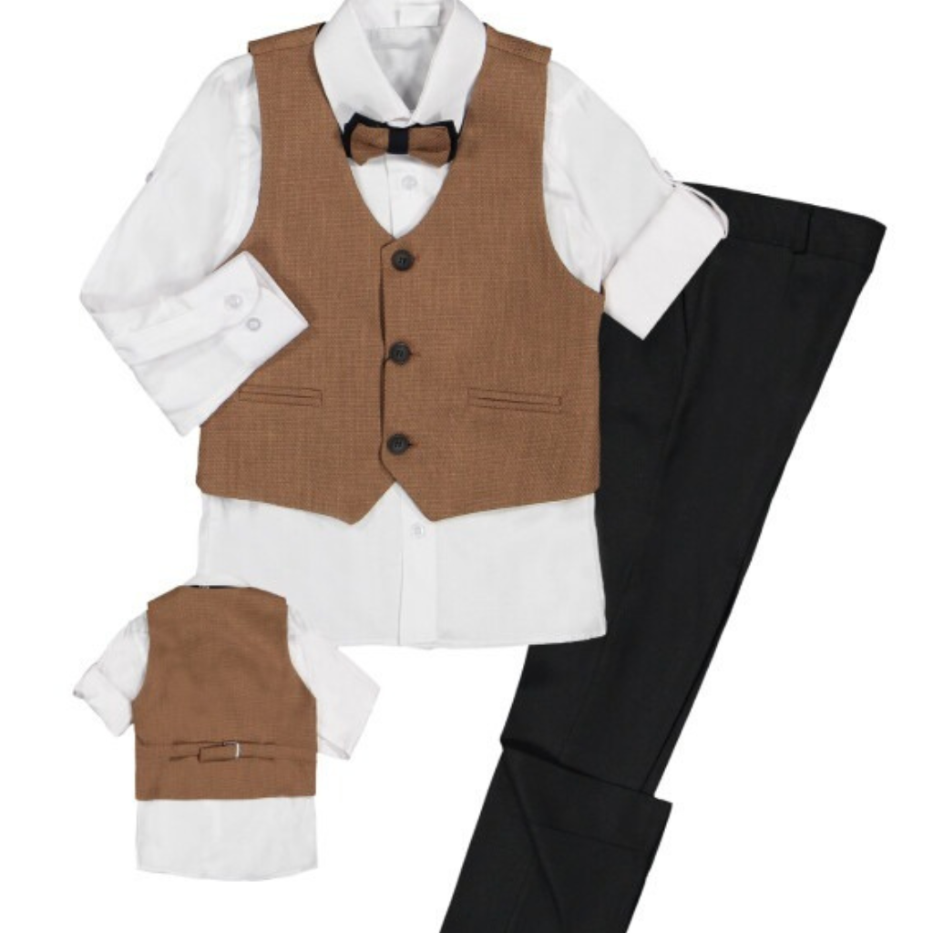 🤎 Boys Brown Vest & Bow Tie 4-Piece Formal Set – 50% OFF 🤎