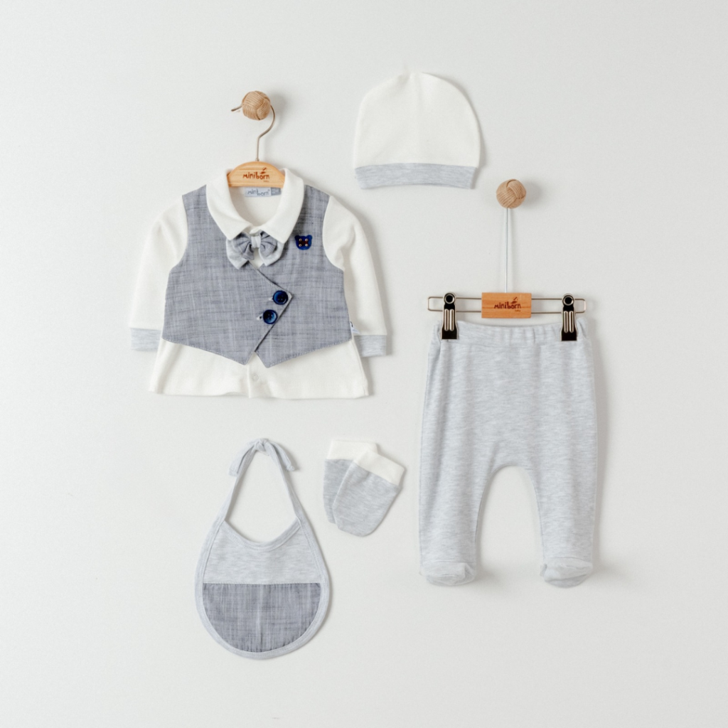 Elegant 5-Piece Baby Outfit with Sewn-On Vest and Bow Tie