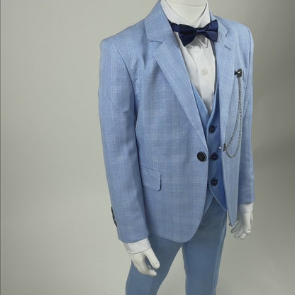 Boys Sky Blue Check 6-Piece Suit