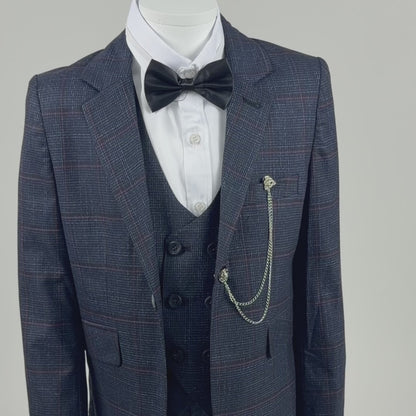 Boys Dark Navy Check 6-Piece Suit